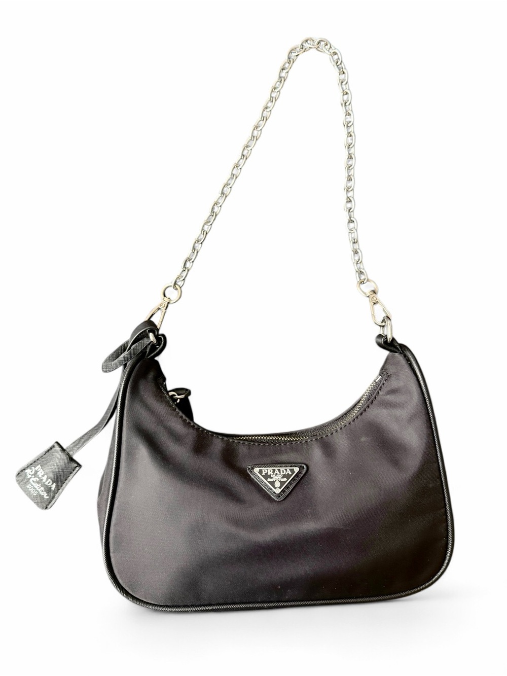 Designer Inspired Black Nylon Shoulder Bag with Silver Chain Strap